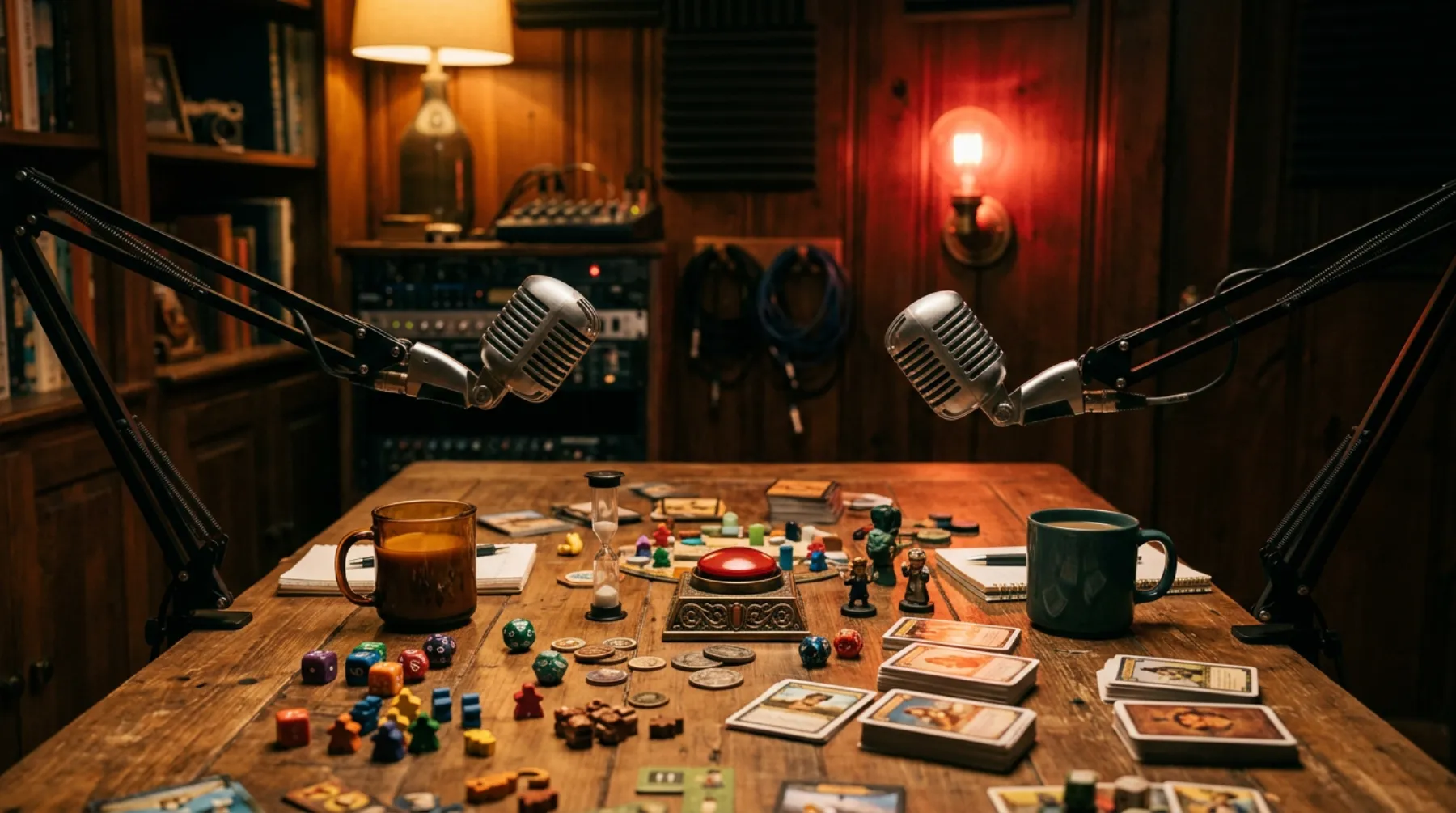 A cozy late-night podcast table: two vintage microphones facing each other over dice, cards, game pieces, a sand timer and a big red buzzer, with a glowing red on-air bulb on the wood-paneled wall.